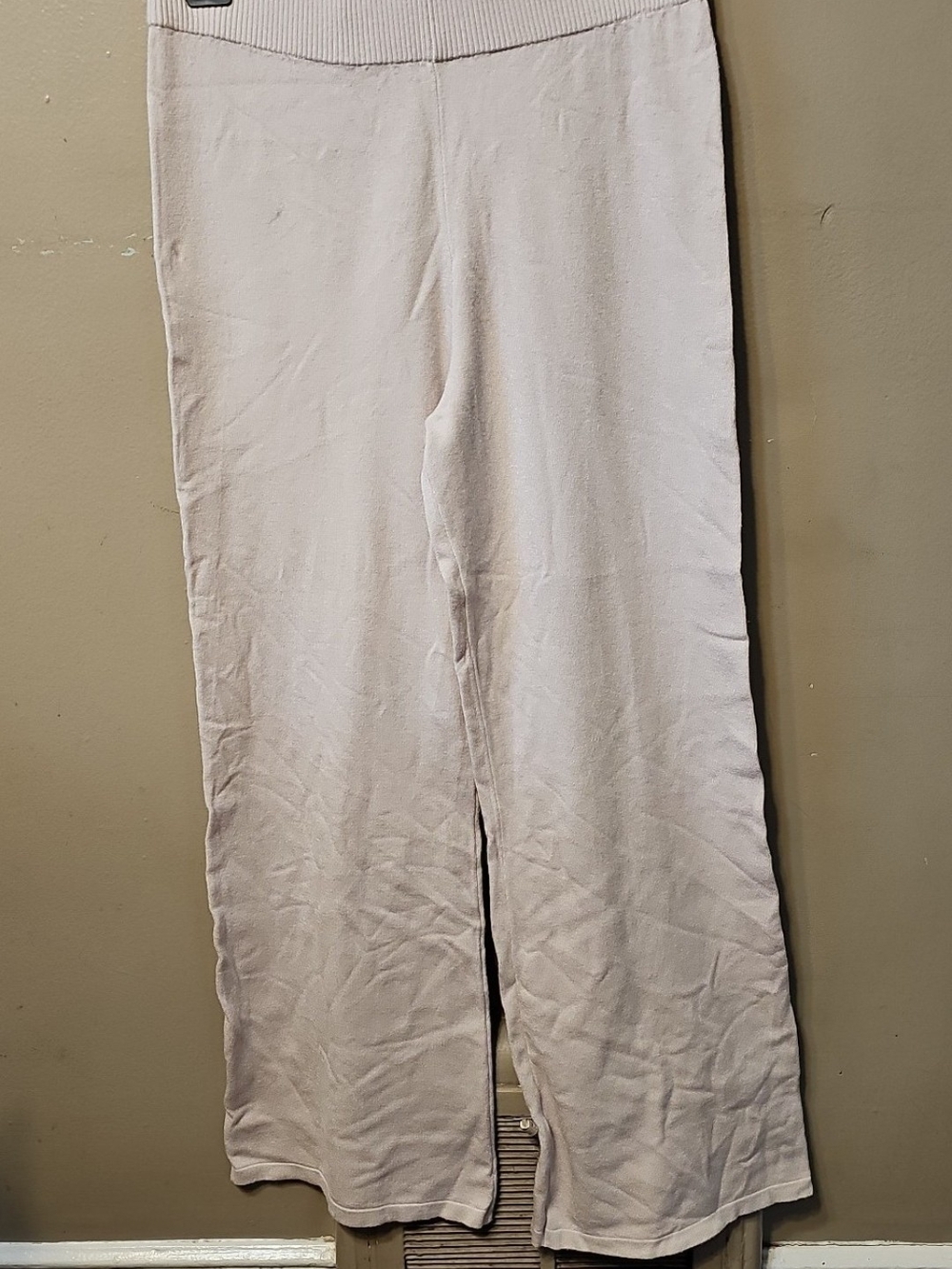 Sioni Ribbed Knit Wide-Leg Pants in Light Beige